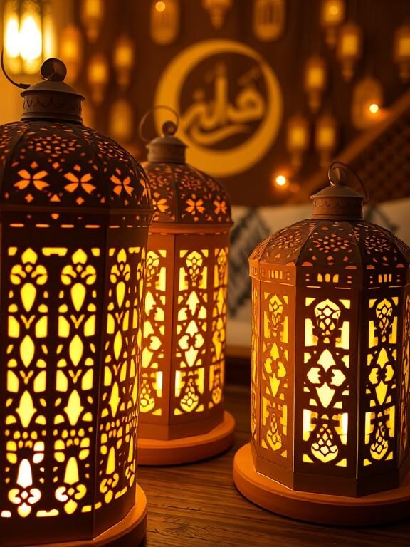 A close-up of elegant Moroccan-style paper lanterns with intricate cut-out patterns, glowing softly from within. The lanterns are crafted from thick, golden-colored paper and arranged on a wooden table. Warm ambient lighting enhances the cozy atmosphere, with decorative pillows and a Ramadan-themed backdrop in the background.