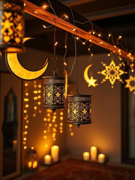 Elegant crescent moon and star-shaped lanterns hanging from a wooden beam, illuminated by soft golden fairy lights. The lanterns are made of metal with delicate cut-out designs, casting intricate shadows. A subtle Ramadan decor theme with a prayer rug and glowing candles enhances the background ambiance.