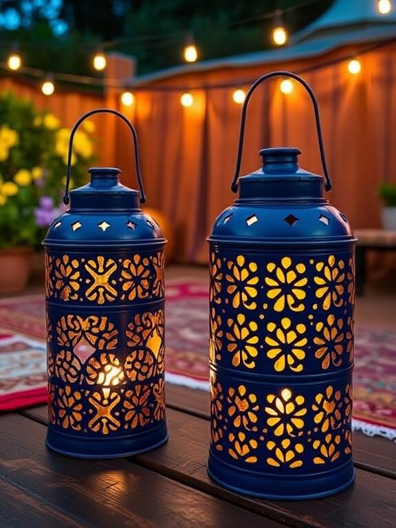 Handmade tin can lanterns, repurposed and painted in deep blue and gold. The tin cans have intricate punched-out patterns, allowing warm candlelight to filter through. They are placed on a garden patio at night, creating a cozy Ramadan outdoor setting with string lights and decorative rugs in the background.
