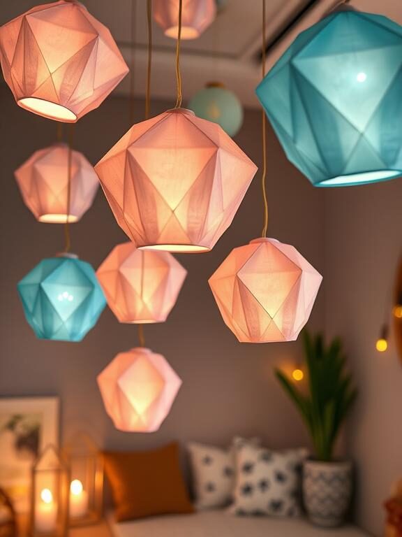 Delicate origami lanterns crafted from pastel-colored paper, suspended from a ceiling. The lanterns are folded into geometric shapes, with tiny LED lights inside giving them a soft glow. A modern Ramadan-themed corner with a cozy reading nook, cushions, and decorative lanterns enhances the background ambiance.