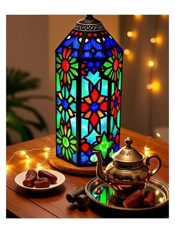 A stunning DIY stained glass lantern with vibrant geometric patterns in blue, red, and green. The lantern is illuminated, casting colorful reflections on a nearby wooden table. A cozy Ramadan setup with a teapot, dates, and fairy lights completes the scene, creating a warm and festive atmosphere.
