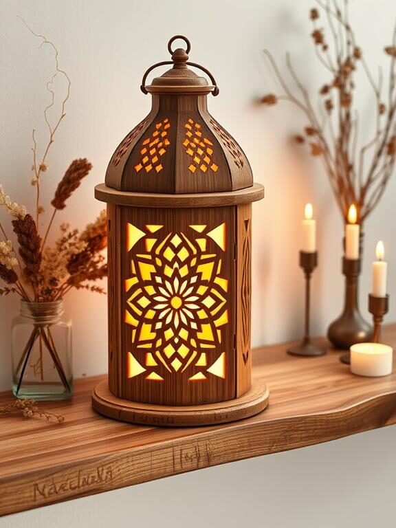 A handcrafted wooden lantern with laser-cut Islamic geometric patterns, placed on a rustic wooden shelf. The lantern emits a golden glow, enhancing the intricate details of the cutouts. The background features a minimalistic Ramadan decor setting with dried flowers, candles, and a serene prayer space.