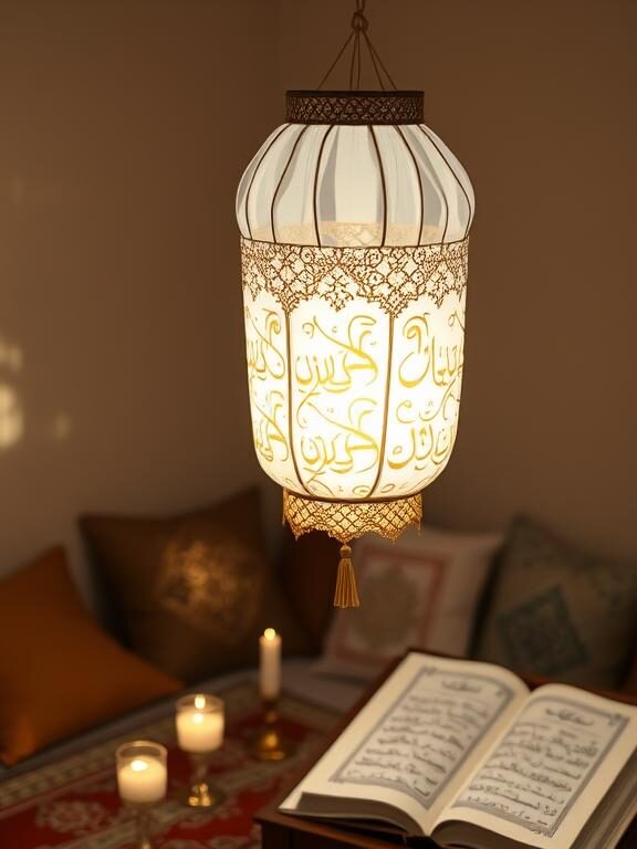 A beautifully crafted fabric lantern made from sheer white material, embroidered with delicate golden Islamic calligraphy. The lantern is softly illuminated, hanging gracefully from the ceiling. The background features a cozy Ramadan prayer nook with cushions, candles, and an open Quran on a wooden stand