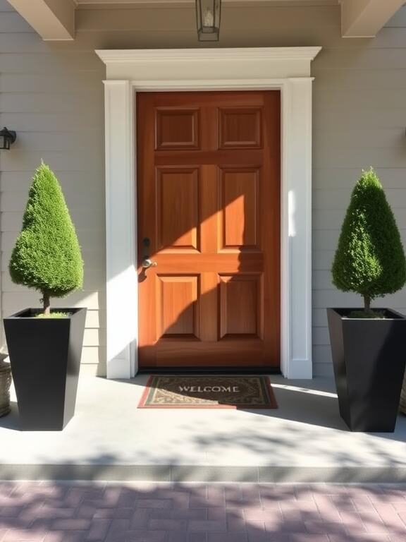 A beautiful front door entryway with two identical tall black planters symmetrically placed on either side of a grand wooden door. The planters are filled with neatly trimmed boxwood topiaries, and a stylish welcome mat lies in the center. The house exterior features a neutral-colored facade, and soft sunlight casts gentle shadows on the scene.

