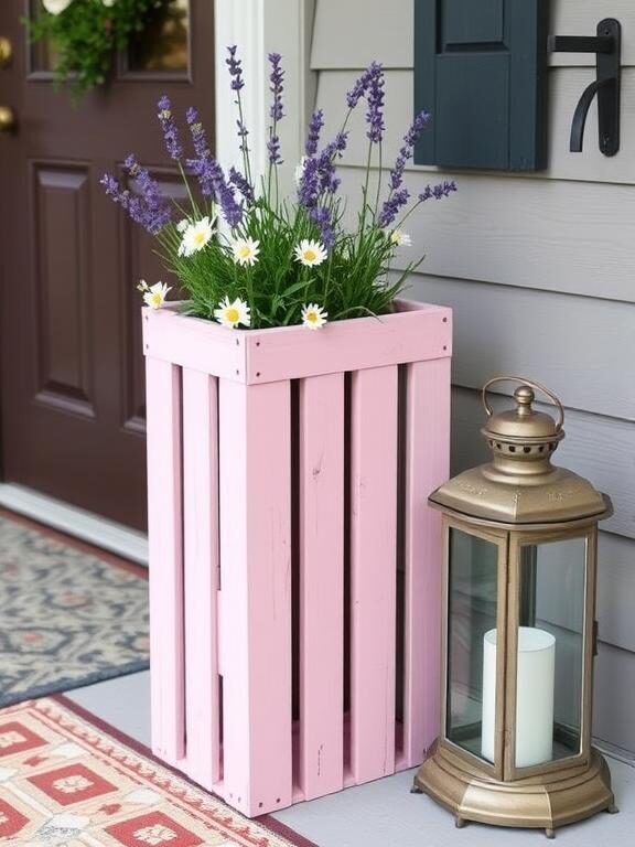 A creative and charming front porch featuring DIY tall planters made from repurposed wooden crates. The planters are painted in soft pastel shades and filled with a mix of lavender and daisies. A vintage-style lantern sits beside the planters, enhancing the rustic charm.

