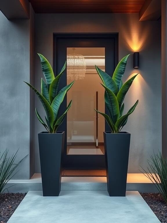 A modern home entrance with a sleek, minimalist aesthetic. Two tall, matte black planters stand on either side of a glass and metal door. Inside the planters are structured green snake plants. The house exterior features smooth gray concrete walls, and a soft glow from warm porch lighting enhances the clean lines of the design.