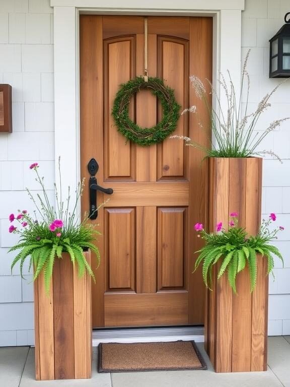  A charming farmhouse-style entryway with tall, rustic wooden planters made from reclaimed wood. The planters have a distressed finish and are filled with a mix of wildflowers and cascading greenery. The front door is a vintage-style wooden door with a black metal handle, and a cozy wreath hangs in the center.

