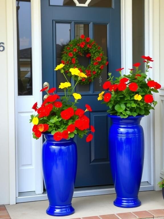 A vibrant and lively front door with two tall, cobalt blue ceramic planters. The planters are filled with bright red and yellow flowers, including petunias and geraniums. The home exterior is a light neutral tone, allowing the colorful planters to stand out beautifully against the background.

