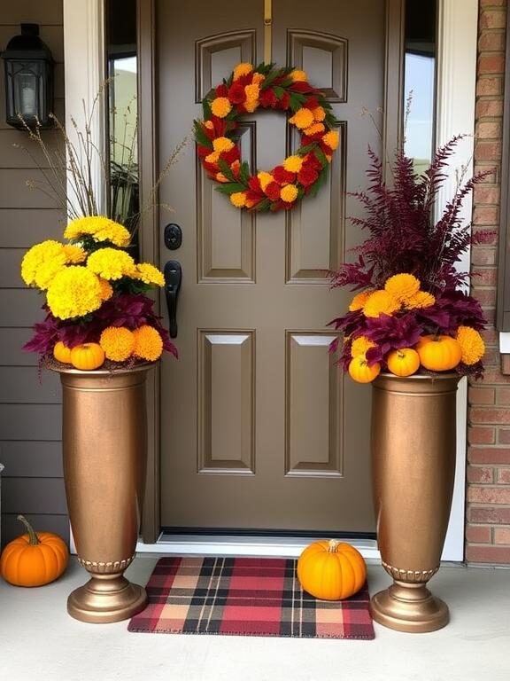 A welcoming front door decorated for the fall season with two tall, bronze-colored planters filled with golden chrysanthemums, orange pumpkins, and deep burgundy foliage. A cozy autumn wreath hangs on the door, and a plaid doormat completes the seasonal aesthetic.

