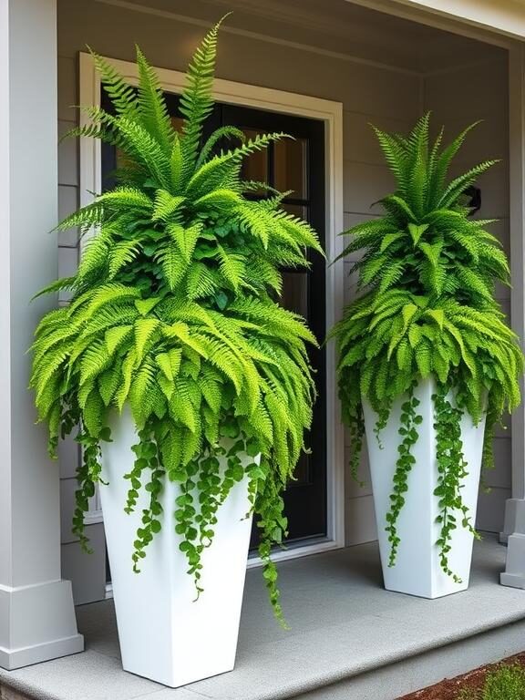 A luxurious and inviting front porch with tall, sleek white planters filled with a mix of ferns and cascading ivy. The lush greenery drapes over the edges, creating a soft and organic look. The house exterior is painted in a soft gray, complementing the fresh green plants.