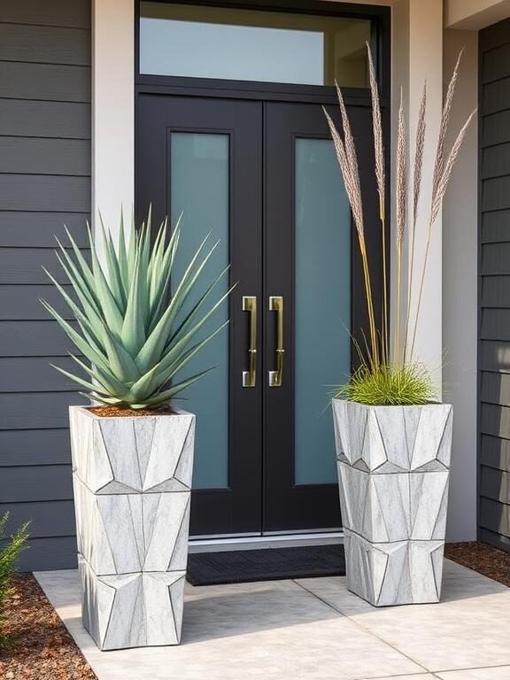 A contemporary home entrance featuring tall, geometric-patterned planters in a textured concrete finish. The planters have a diamond-cut design and are filled with structured plants like agave and ornamental grasses. The modern front door has frosted glass panels, and the house number is displayed in a sleek metallic font.