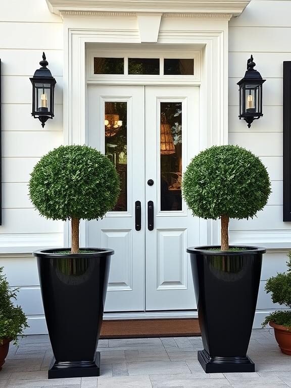 A luxurious and classic home entrance with two tall, glossy black planters symmetrically placed on either side of a white double door. The planters are filled with lush, round boxwoods. The exterior of the house is crisp white with black lantern-style wall sconces adding elegance to the scene.