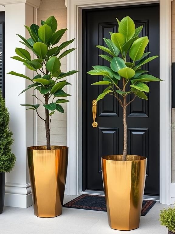 A high-end, glamorous front door entryway featuring two tall gold-finished metal planters. The planters contain sophisticated fiddle-leaf fig trees. The home exterior has a chic black front door with gold hardware, and a modern welcome sign adds a finishing touch.

