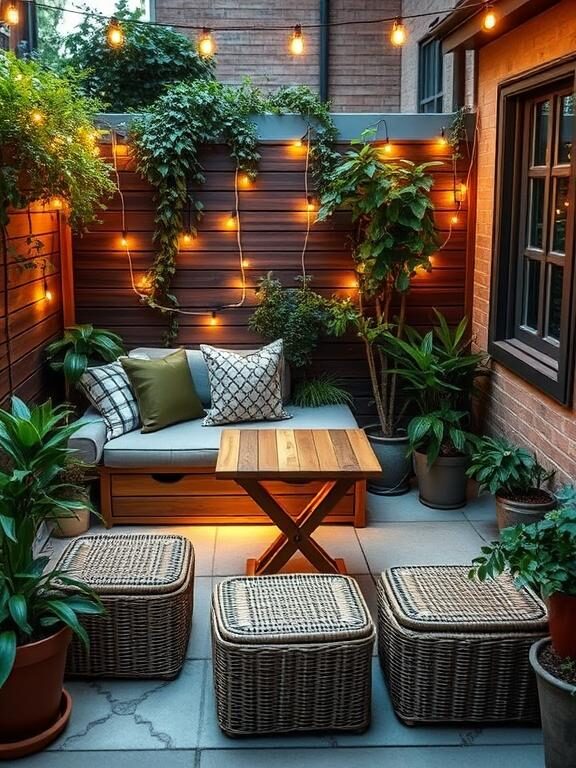 A cozy tiny patio with a stylish outdoor bench that has hidden storage underneath, a compact foldable wooden table, and rattan ottomans with built-in storage. The setting is illuminated with warm fairy lights, surrounded by lush potted plants, creating a functional yet inviting atmosphere.