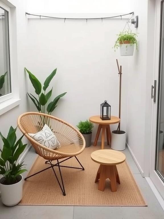 A modern tiny patio with a clean, minimalist aesthetic. A sleek rattan chair, a neutral-toned outdoor rug, and a small round wooden table create a simple yet stylish setting. A few well-placed potted plants and a single lantern add a touch of warmth.