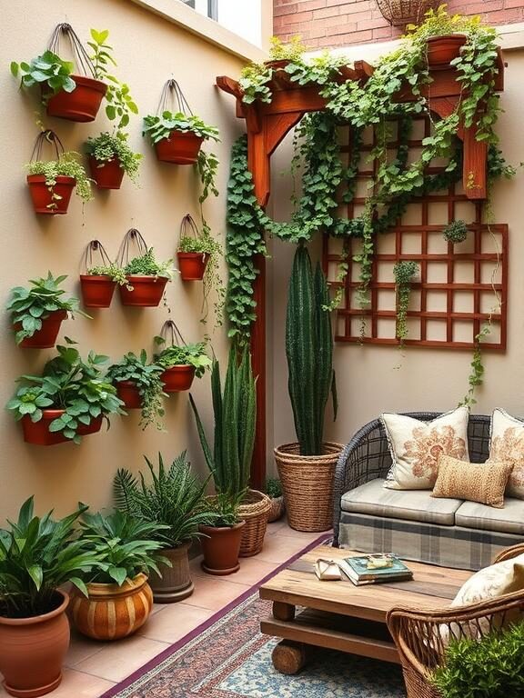 A charming small patio featuring a vertical garden with wall-mounted planters, cascading greenery, and a wooden trellis covered in climbing vines. The background showcases a boho-inspired lounge area with earthy-toned cushions and a rustic wooden coffee table.
