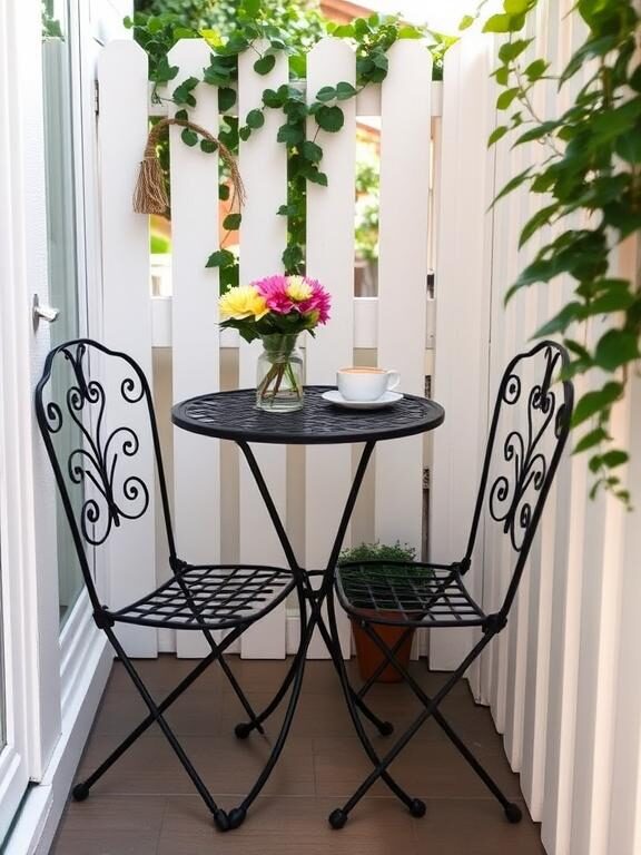 A quaint and stylish tiny patio with a Parisian-style black wrought iron bistro table and two foldable chairs, adorned with a small vase of fresh flowers and a cup of coffee. The patio is enclosed by a white fence with hanging ivy and soft sunlight filtering through.

