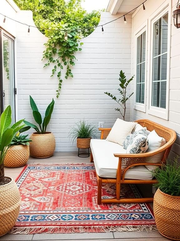 A stylish small patio with layered outdoor rugs in boho and geometric patterns, featuring a wooden lounge chair with plush white cushions. String lights hang above, while a mix of rattan and woven textures add warmth and coziness.

