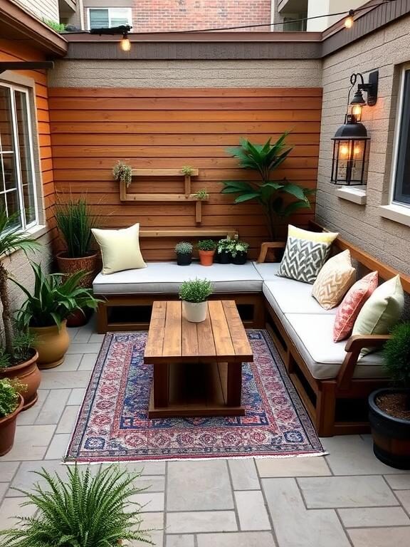 A small yet inviting patio featuring built-in L-shaped bench seating with soft, colorful cushions and throw pillows. A wooden coffee table sits in the center, surrounded by potted plants and warm lantern lighting, creating a perfect nook for relaxation.