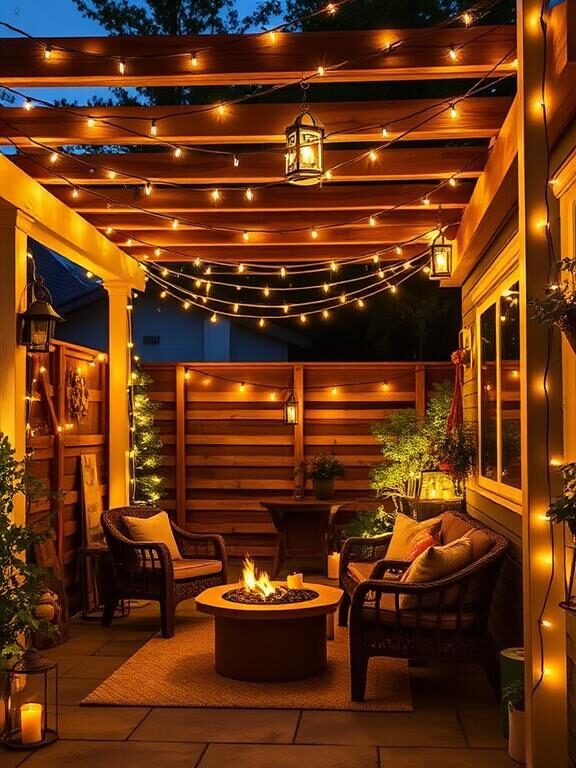 A magical tiny patio illuminated by warm string lights draped across a pergola. A comfortable outdoor seating area with woven chairs and soft cushions sits beneath the lights, while a small fire pit adds a cozy glow. Hanging lanterns and candlelit accents enhance the ambiance.