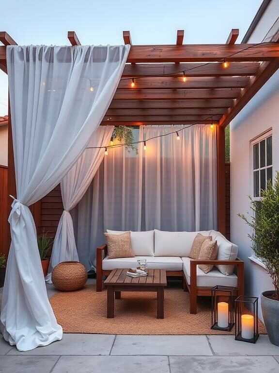 A stylish small patio with a minimalist wooden pergola draped in white sheer curtains. Underneath, a cozy seating area with neutral-toned cushions, a jute rug, and a small wooden coffee table is surrounded by warm candle lanterns and soft string lighting.