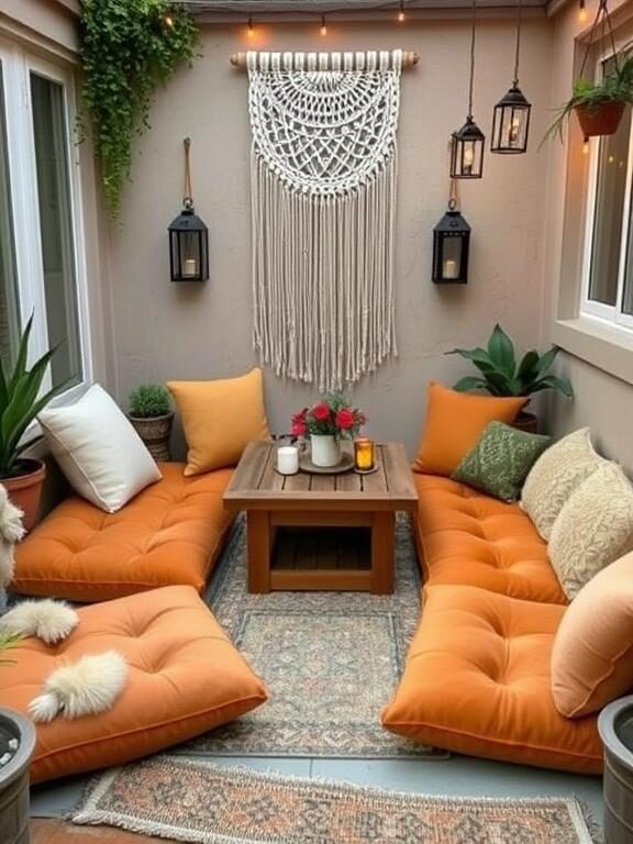 A bohemian-inspired small patio featuring large, tufted floor cushions in warm earthy tones, surrounding a low wooden table. A macrame wall hanging, lanterns, and hanging fairy lights add a relaxed, cozy atmosphere perfect for unwinding.

