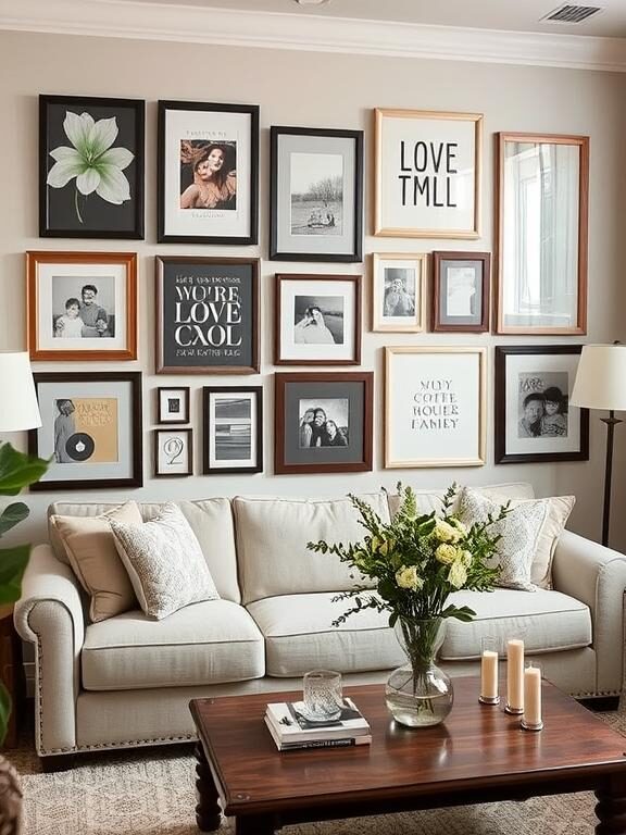 A cozy, well-lit living room with a stylish gallery wall featuring a mix of framed art, family photos, and typography prints. The frames vary in size and color but maintain a cohesive theme. A comfortable sofa with decorative pillows and a wooden coffee table with a vase of fresh flowers complete the inviting atmosphere.