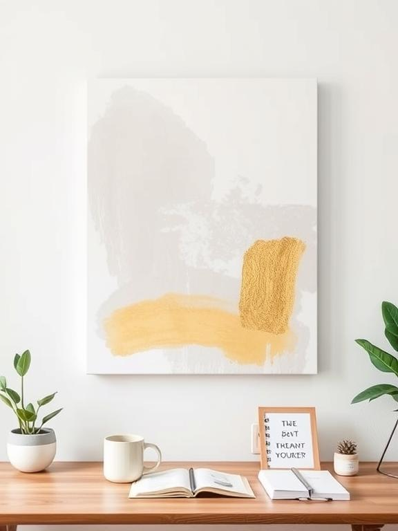 A bright and inspiring home office featuring a DIY abstract art canvas with bold brush strokes in neutral and gold tones. The artwork is placed on a white wall above a wooden desk with minimalistic decor, including a small plant, a ceramic mug, and a motivational notebook.