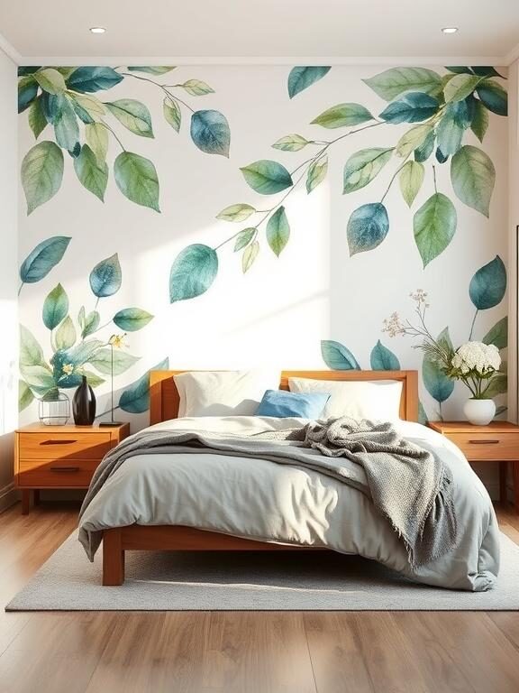 A modern bedroom with a stunning hand-painted botanical wall mural covering an entire accent wall. The mural features soft watercolor-style leaves in earthy green and blue tones, blending seamlessly with the neutral bedding and wooden furniture. The room is illuminated by warm, natural light.