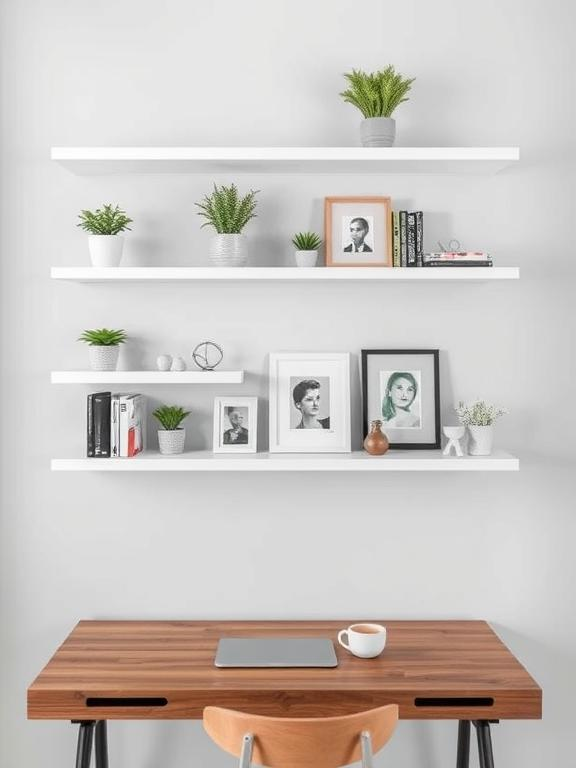 A minimalist home office featuring sleek white floating shelves mounted on a light gray wall. The shelves are decorated with small potted plants, stylish books, framed prints, and a few decorative sculptures. A modern wooden desk sits below with a neatly arranged workspace and a cup of coffee.