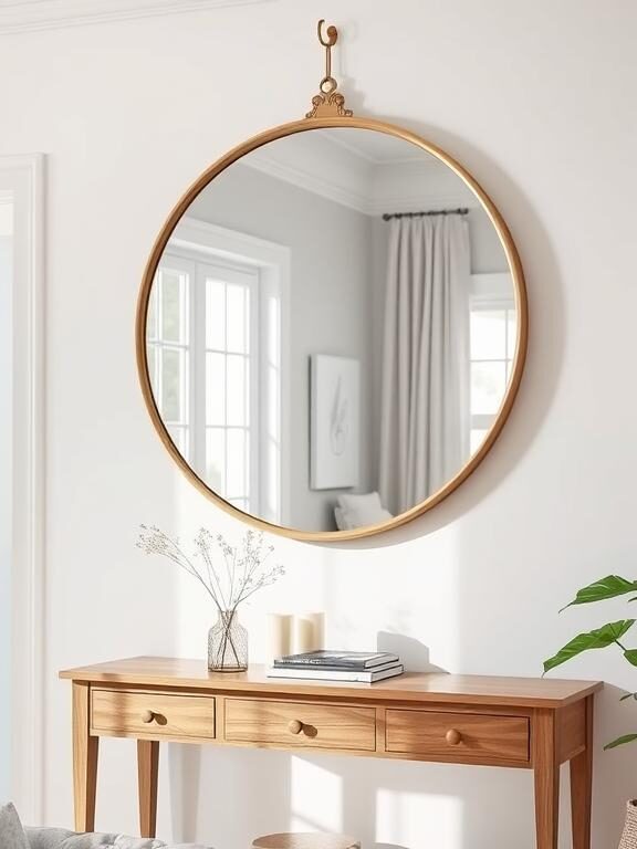 A bright and airy living room with a large, round gold-framed mirror hanging above a wooden console table. The mirror reflects natural light from a nearby window, making the space feel larger. Below the mirror, the console table holds a small vase with dried flowers, a candle, and a stack of books.