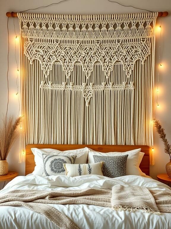 A bohemian-style bedroom with a large macramé wall hanging as the focal point above the bed. The tapestry is handmade with intricate knot designs in neutral cream tones. The bed is adorned with soft, layered textiles, and string lights drape around the headboard for a warm ambiance.