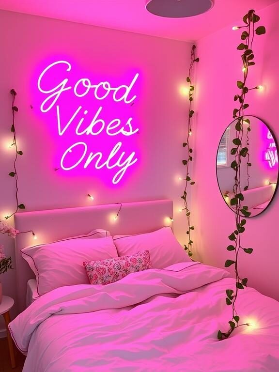 A trendy bedroom with a pink neon sign reading ‘Good Vibes Only’ mounted above a cozy bed. The room has a modern aesthetic with soft pastel bedding, a round mirror on the opposite wall, and fairy lights intertwined with green ivy for a stylish, youthful touch.