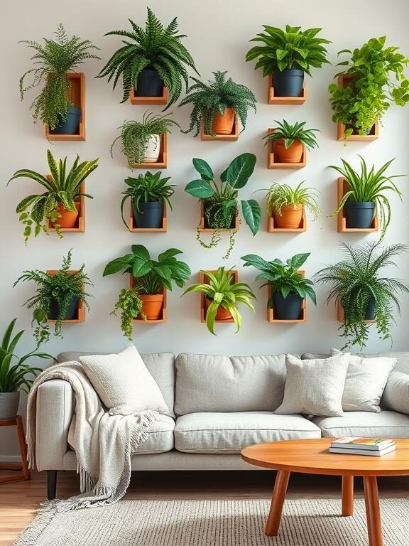 A Scandinavian-inspired living room with wall-mounted planters arranged in a grid pattern. The planters are filled with lush green pothos, ferns, and succulents, creating a vertical garden effect. A neutral-toned sofa with a soft throw blanket and a wooden coffee table adds to the warm, organic feel of the room.