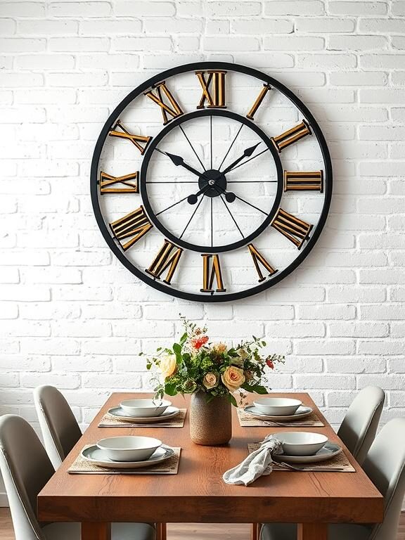 A modern dining area with a large, vintage-style black and gold wall clock as the statement piece. The clock is mounted on a textured white brick wall, adding depth and contrast. Below, a wooden dining table is set with ceramic plates, linen napkins, and a centerpiece of fresh flowers in a rustic vase.