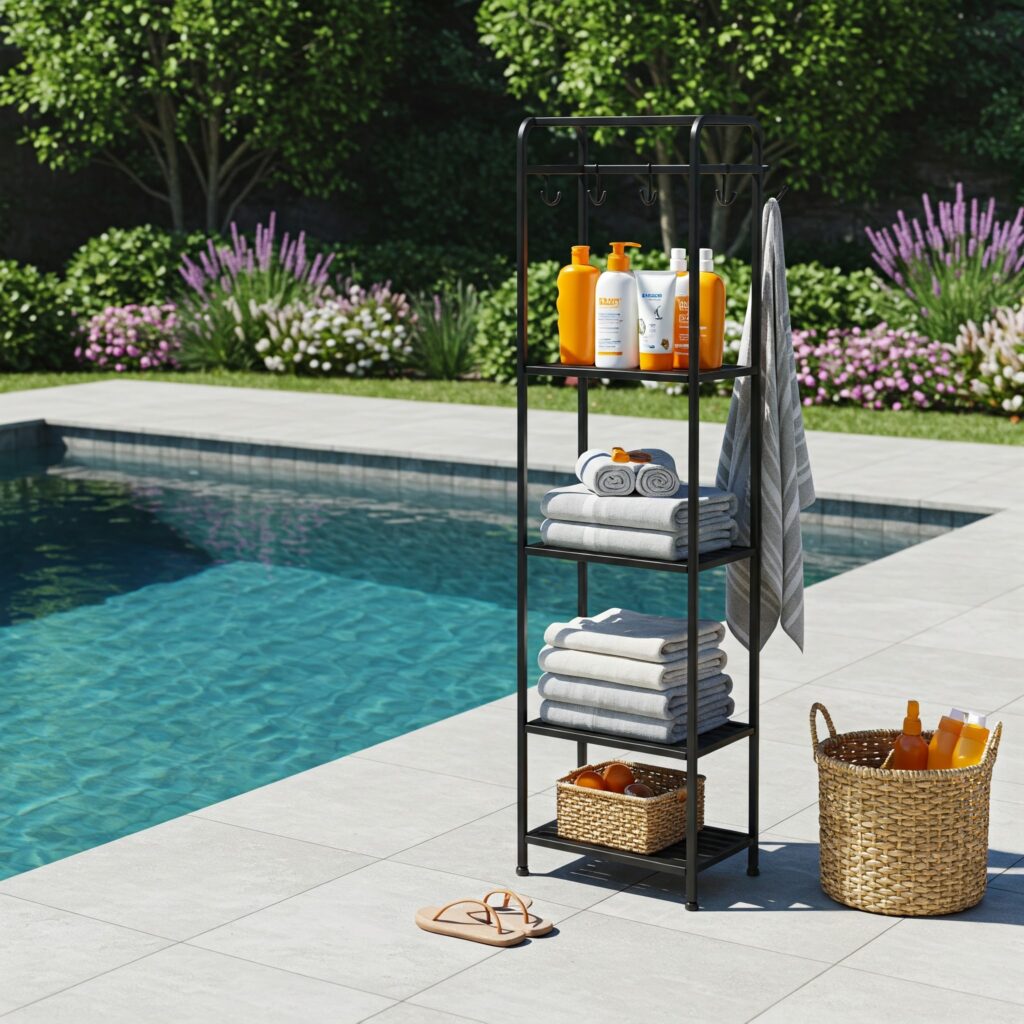 Outdoor Pool Towel Rack Ideas Towel Stand with Shelves and Hooks