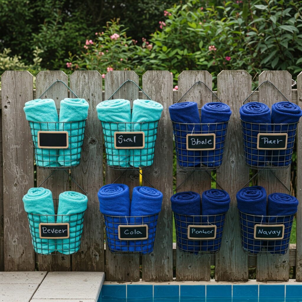 Outdoor Pool Towel Rack Ideas Fence-Mounted Basket System