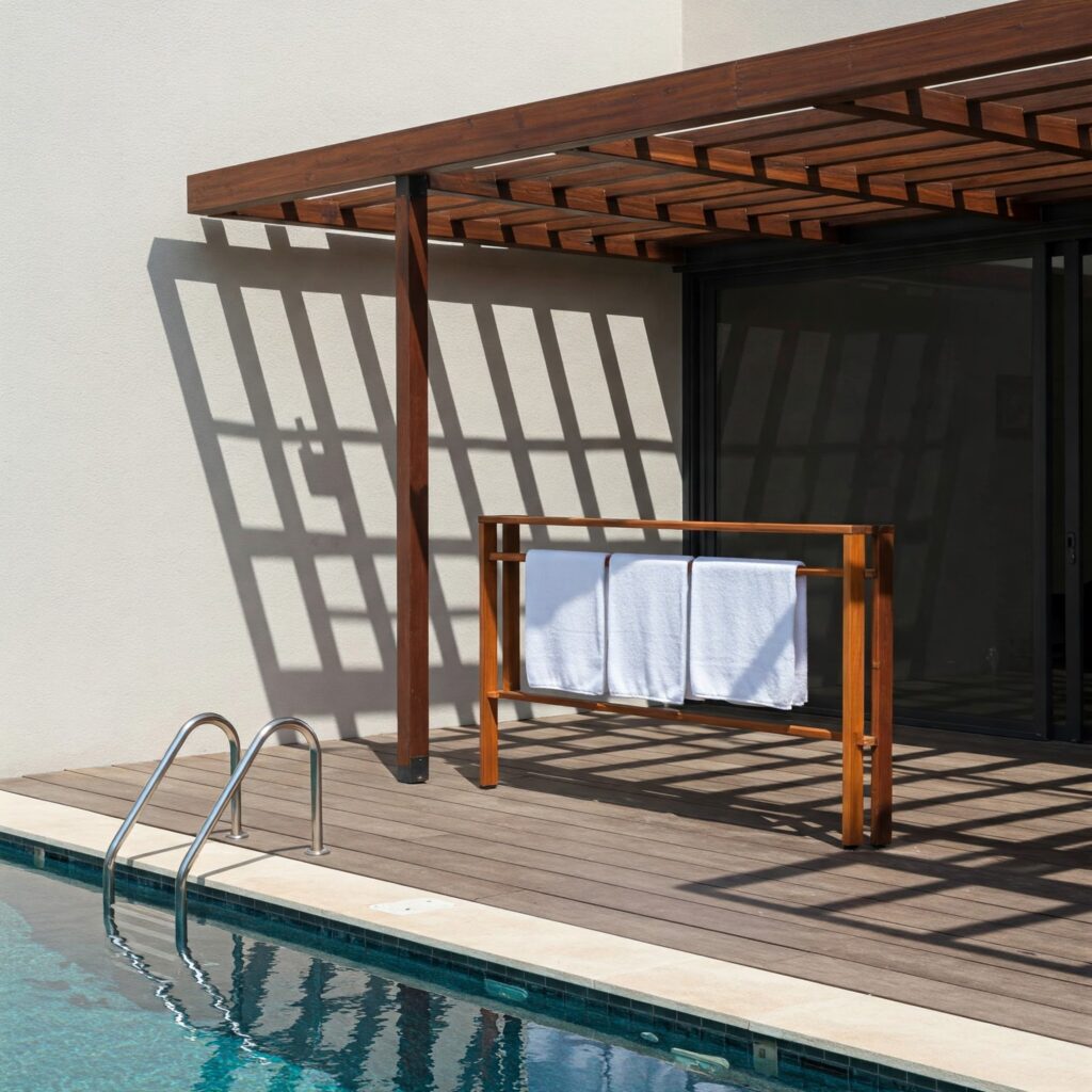 Outdoor Pool Towel Rack Ideas Built-In Rack on Your Pool Fence or Pergola