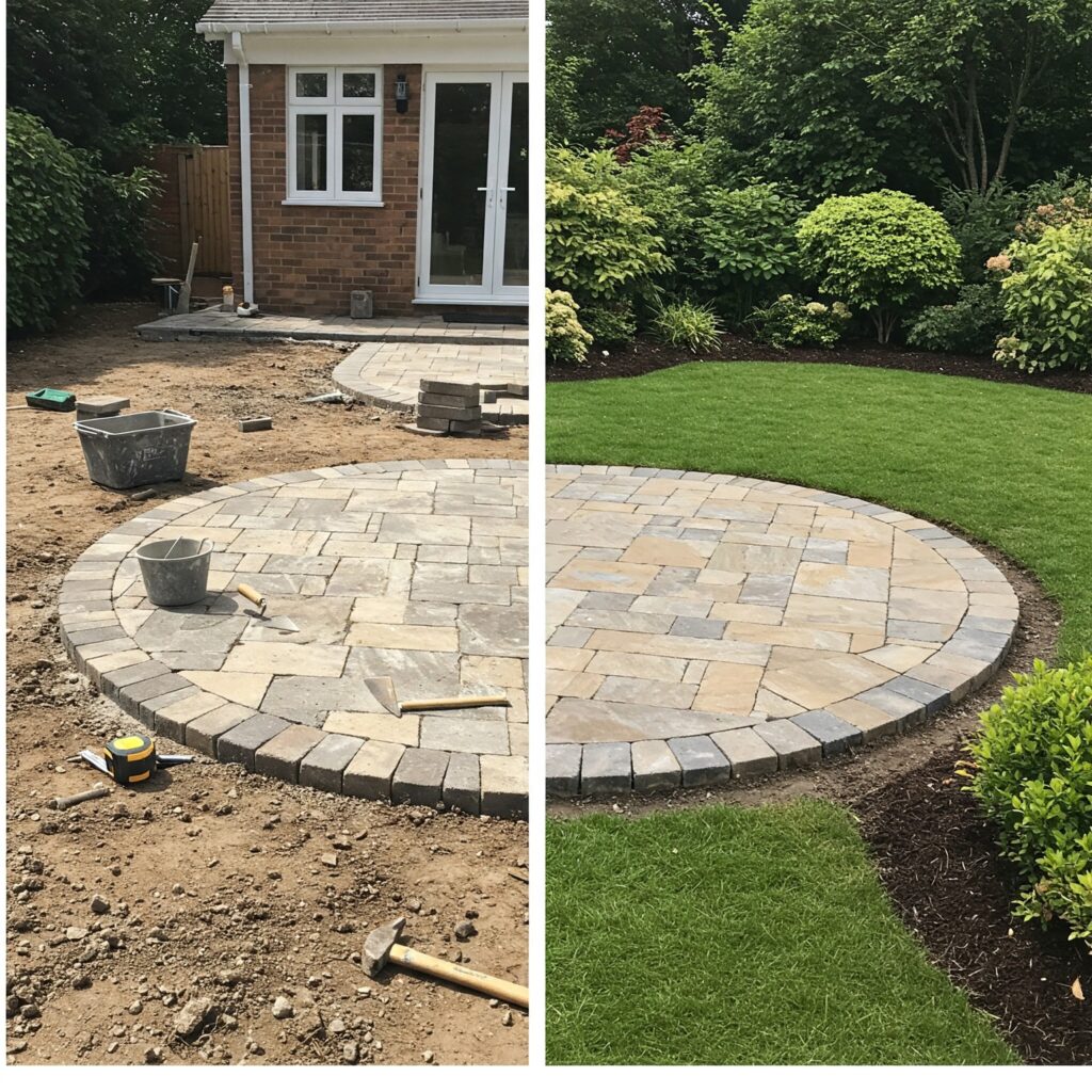 Round backyard patio before and after view 