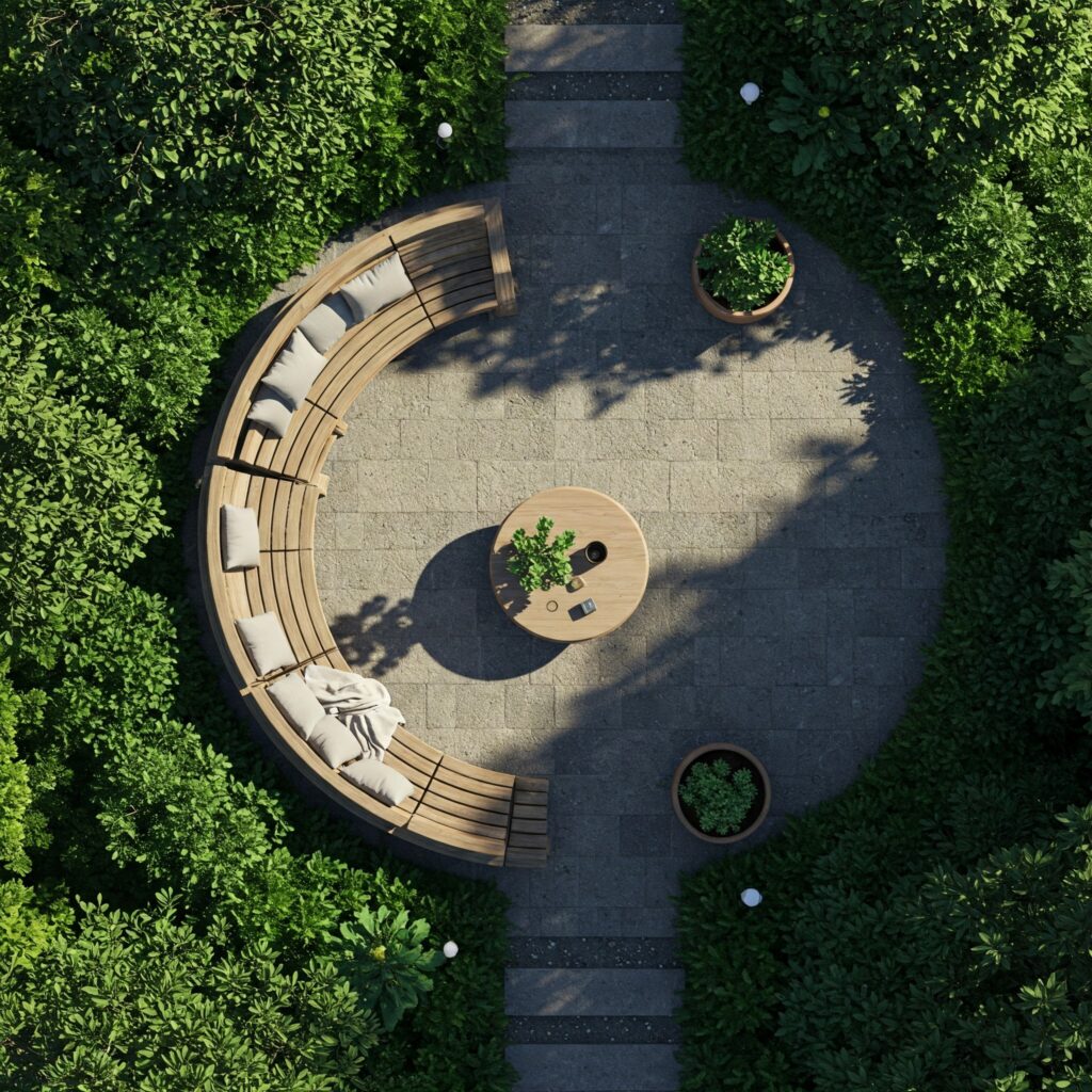 Round backyard patio top view with lush green surrounding