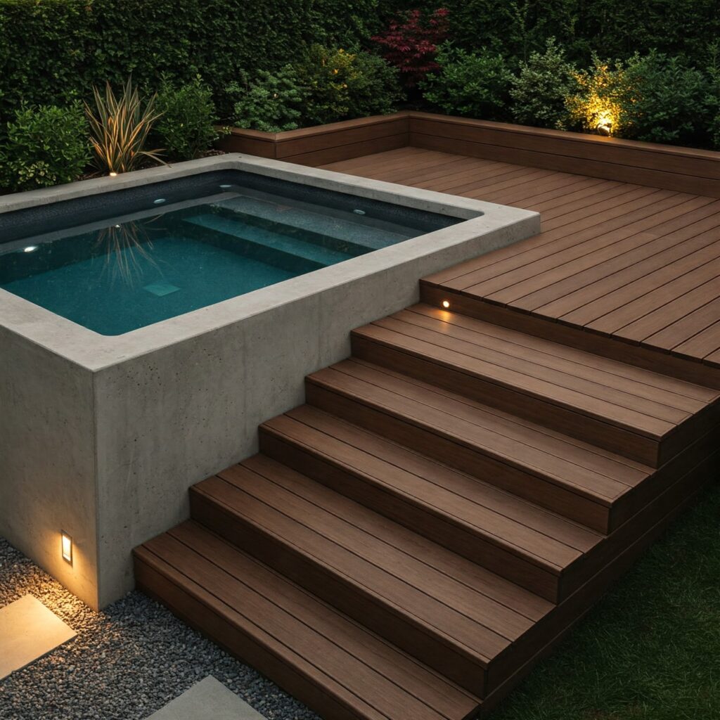 Classy Above-Ground Concrete Pool
Decking: Keep It Compact and Clever