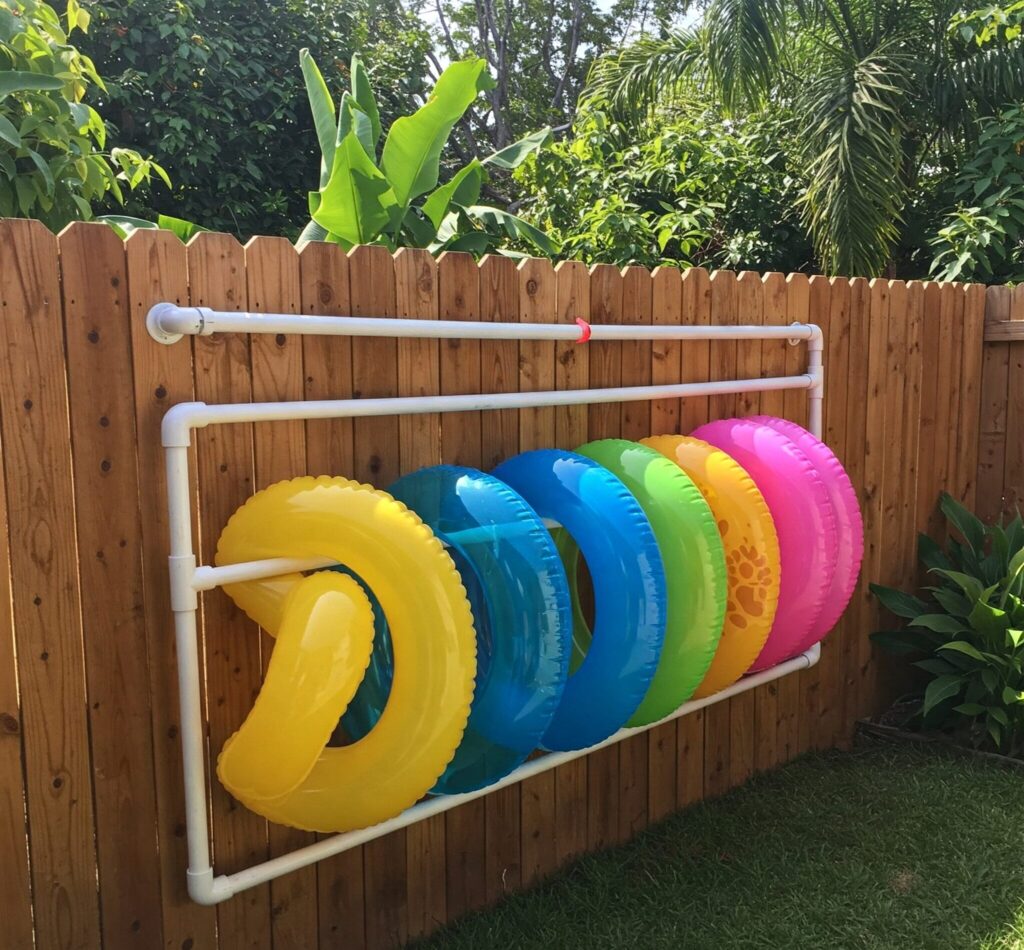 pool float storage ideas on fence