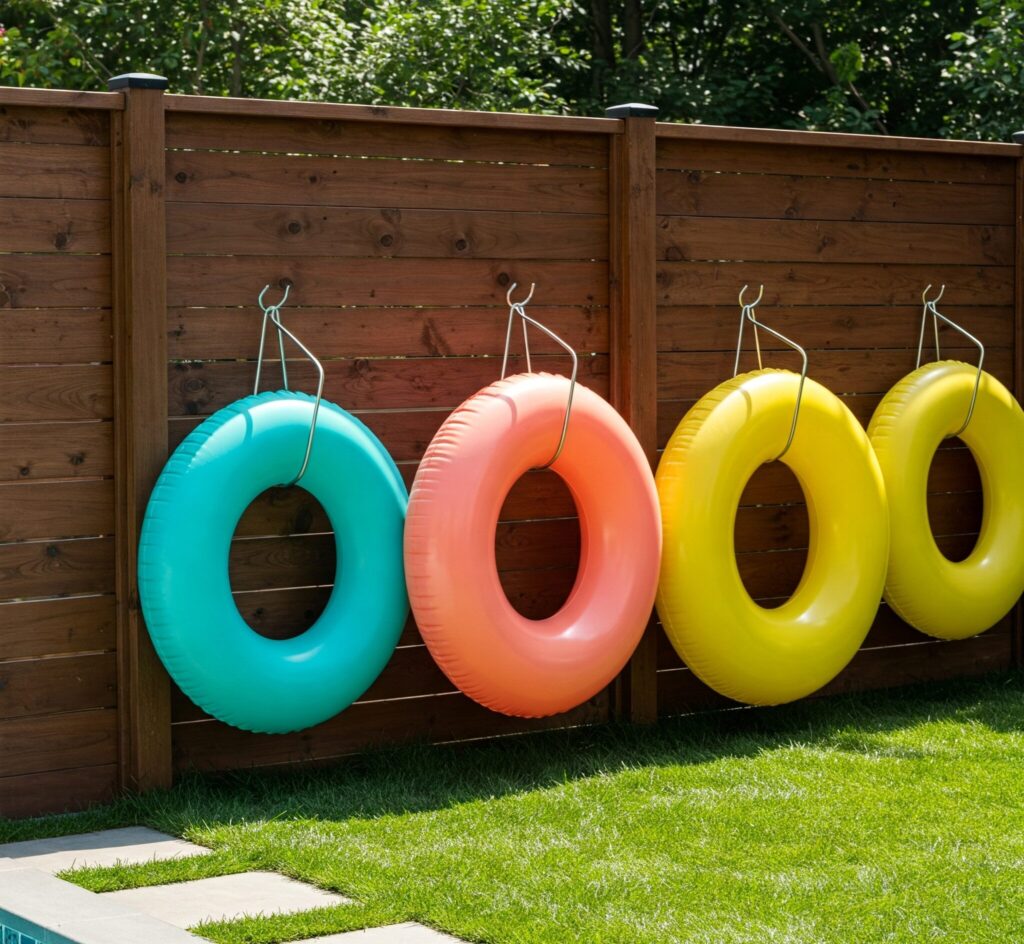pool float storage ideas on fence
