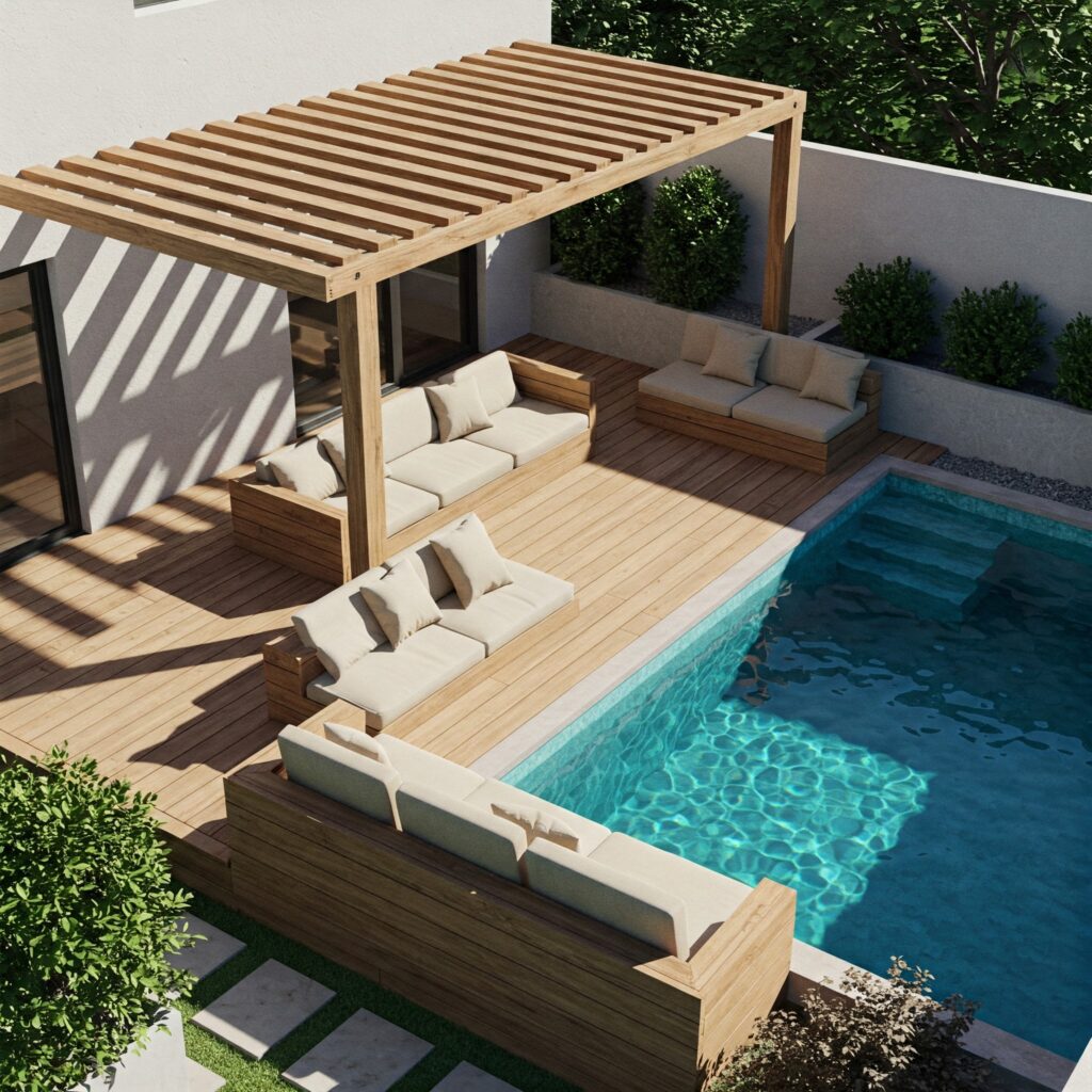 Small Pool Deck Ideas Partial Deck with Built-in Seating