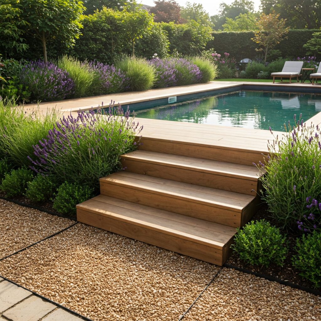 Small Pool Deck Ideas Staircase Entry with Garden Edging