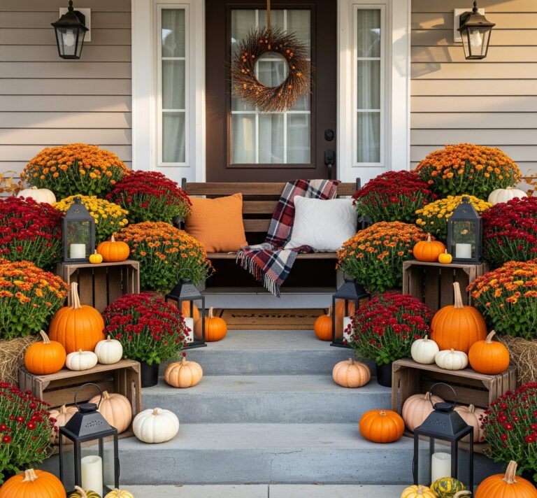 Rustic Fall Front Porch Décor Ideas with Mums, Lanterns & Cozy Vibes